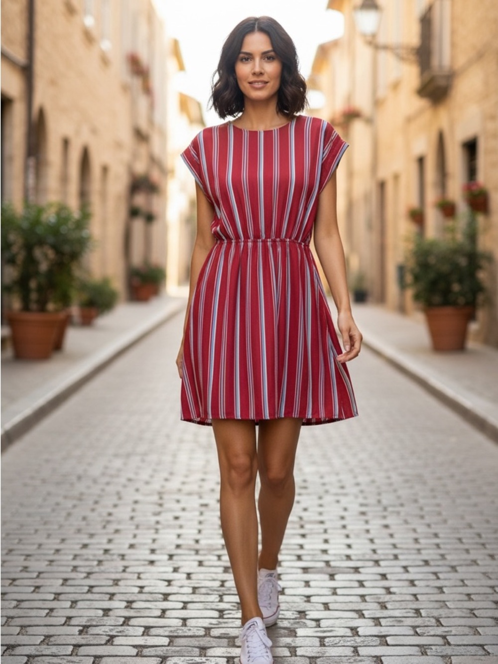Pink Rose Red and White Vertical Stripe Midi Dress